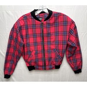 Vintage ML Sport Bomber Jacket Tartan Womens Size Medium Red Plaid Zipper USA